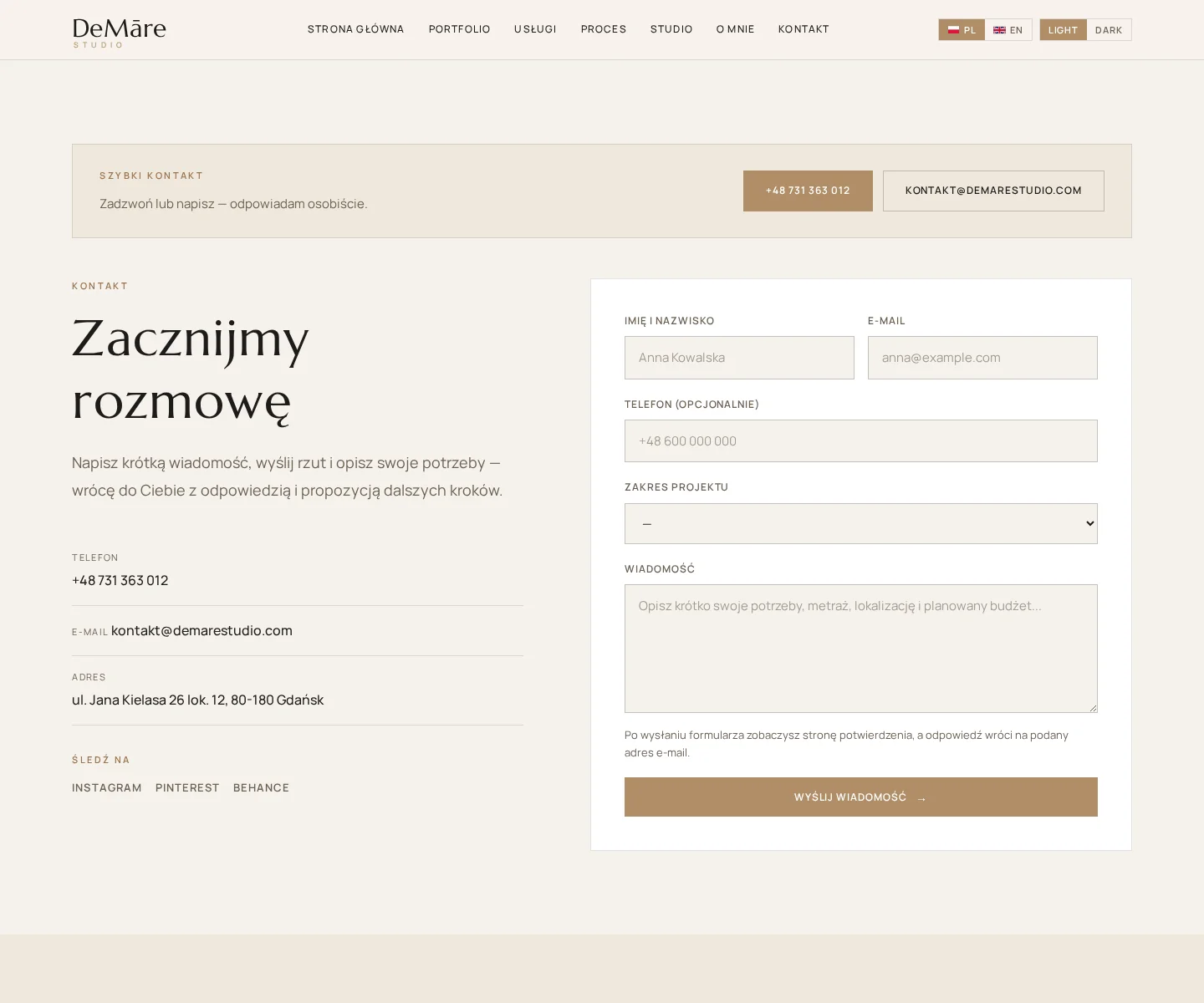 Contact page with direct CTA, email, phone, and structured inquiry form