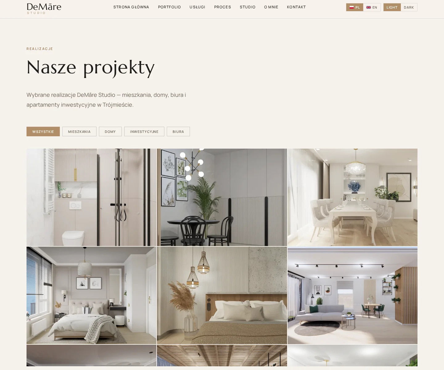 Portfolio page presenting interior design projects with visual-first layout