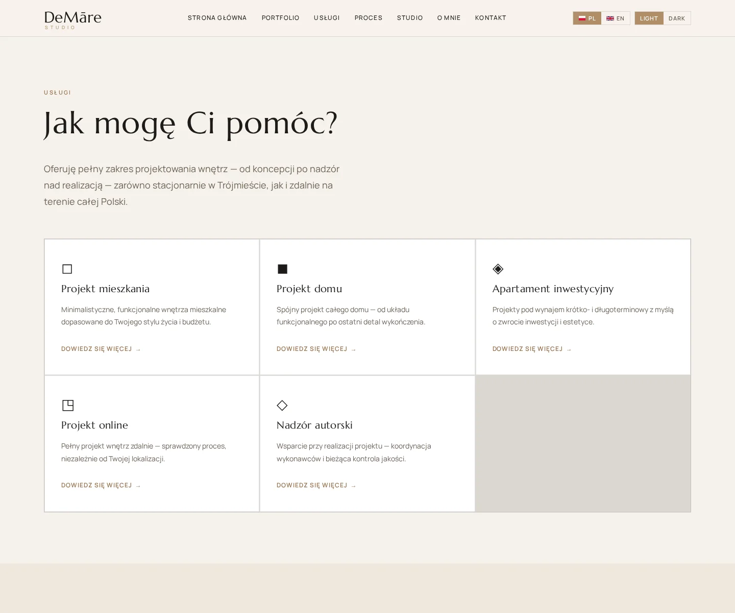 Services page explaining core interior design offers and positioning