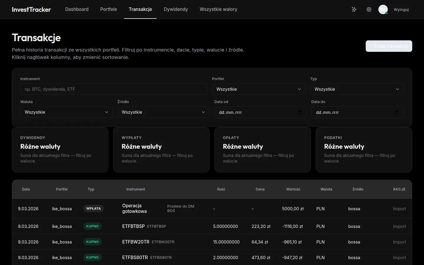 Historia transakcji z filtrami po instrumencie, dacie, typie i portfelu